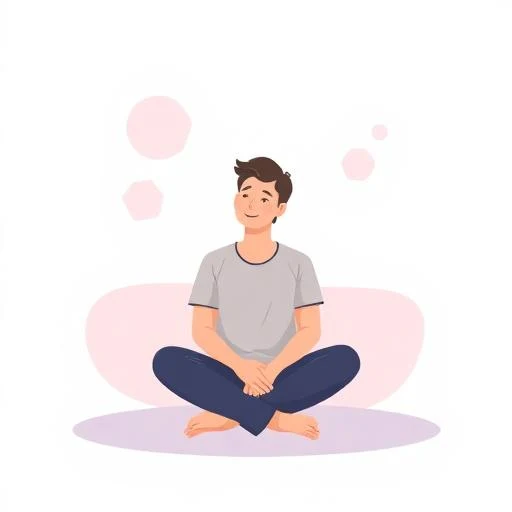 Illustration of a person in thoughtful pose with geometric shapes on indigo-pink gradient background