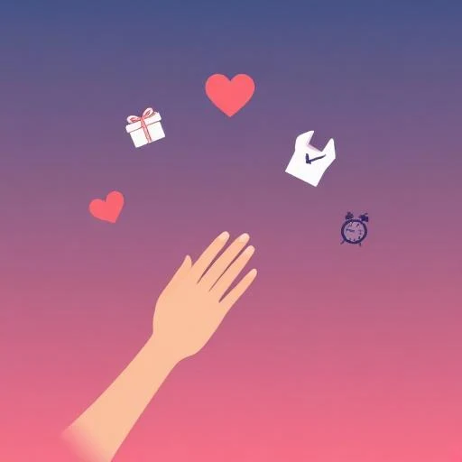 Illustration of two hands connecting with symbols of love languages on soft gradient background