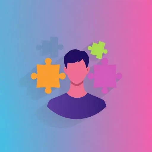 Illustration of personality type symbols and puzzle pieces with soft indigo-to-pink gradient