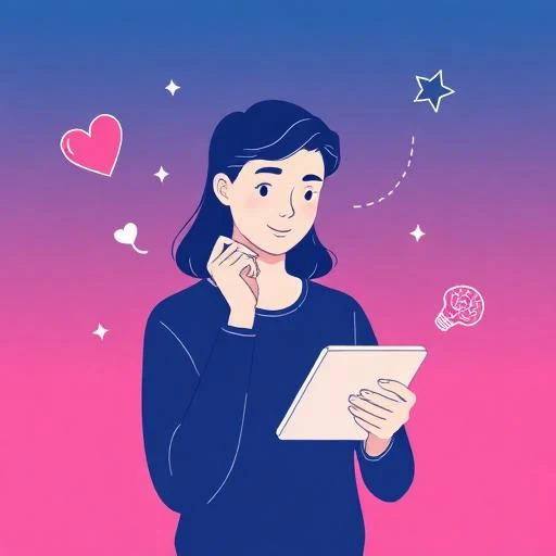 Person taking a personality quiz on tablet with floating personality trait icons in soft gradient colors