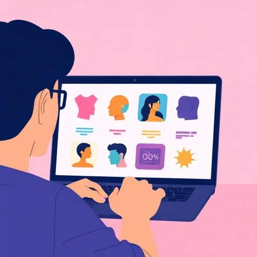 Illustration of person viewing colorful personality trait icons on phone screen with gradient background